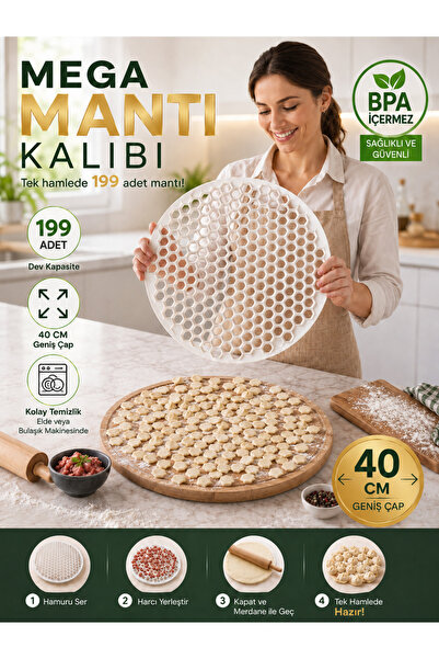 HopeWay Home Mega Mantı Kalıbı 40 CM – 199 Gözlü Pratik Mantı Yapma Aparatı |...