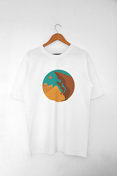 Unisex Oversize Beyaz %100 Organik Pamuk Climbing