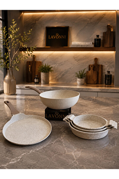 LAVONNI Terra Grand Set 5 Parça Döküm Granit Wok Tava, Krep Tava ve Sahan Set...
