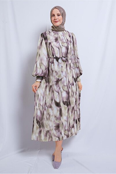 TRENDTESETTÜR KADIN KREM (KREM-LİLA) DESENLİ KUŞAKLI ŞİFON ELBİSE T 0985-2