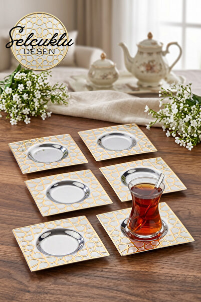 ÖzSa Home طقم 6 أطباق شاي ذهبية على الطراز السلاجقي - مصنوعة من الفولاذ المقا...