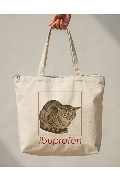 buzagi tasarım ürünleri Cat Zippered Lined Gusseted Canvas Bag 35 X 40 cm
