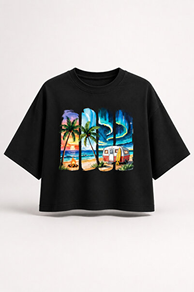 WOMAN VISION Tricou de damă negru, din bumbac, croială scurtă, cu guler rotun...