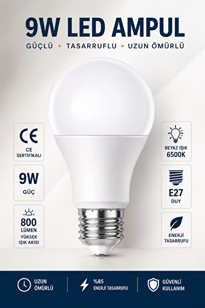 Eslight 9 Watt Tasarruflu Led Ampul Beyaz Işık 6500K E84A
