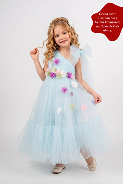 Eray Kids Kız Çocuk Uzun Abiye Elbise Çapraz Omuzlu Çiçek Detaylı 6-9 Yaş