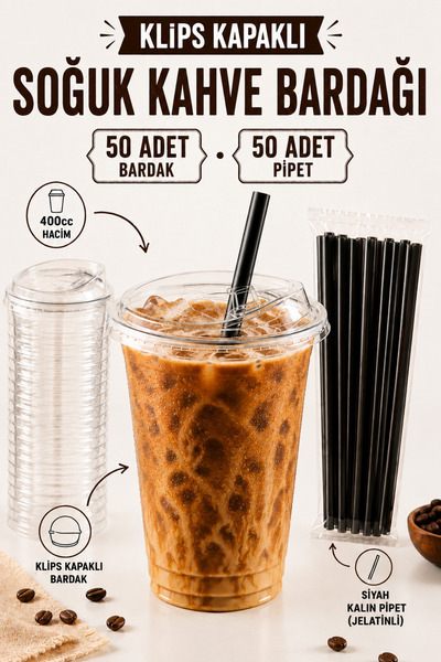 Delvos 50 Adet Klips Kapaklı Pipetli 400 Cc Plastik Pet Soğuk Kahve Limonata ...