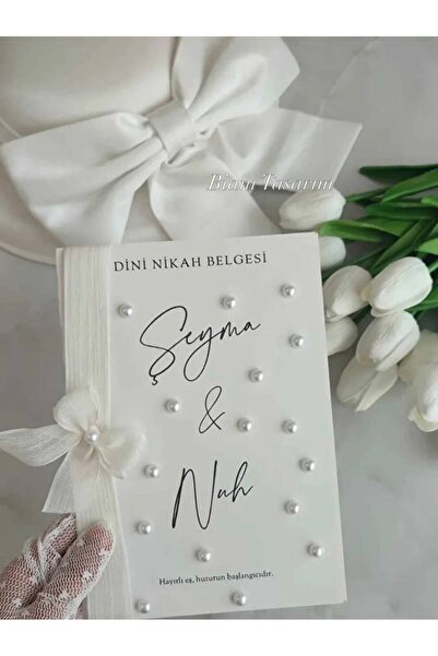 Bianı Tasarım İsimli İncili Kurdele Süslemeli Nikah Belgesi