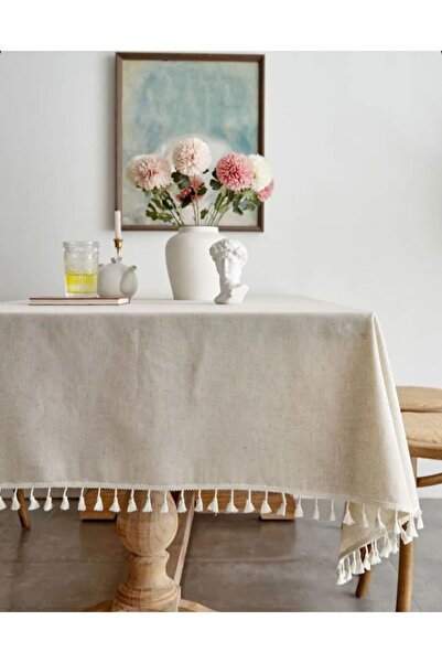 HOME ART ATELIER hand made Premium Keten Krem Ponponlu Masa Örtüsü