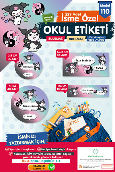 t tuğset etiket Okul Etiketi Kuromi Temalı Kalem Defter Etiketi Özel İsim Yaz...