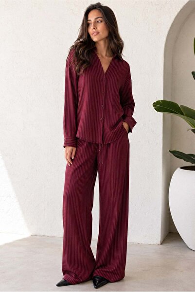 Madmext Bordo Uzun Kollu Çizgili Gömlek Pantolon İkili Takım MG2329