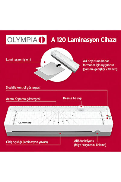Olympia A120 Combo A4 Laminasyon Makinesi 3’ü 1 Arada Set – Kesme Aparatlı, 5 Adet Poşet