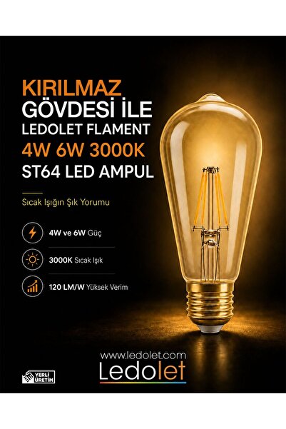 LEDOLET FLAMENT LEDOLET 6W 2700K ST64 LED AMPUL KIRILMAZ GÖVDE DİM EDİLEBİLİR
