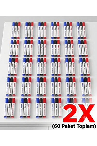 60 Paket 3'lü Beyaz Tahta Kalemi Seti - Kırmızı, Mavi, Siyah