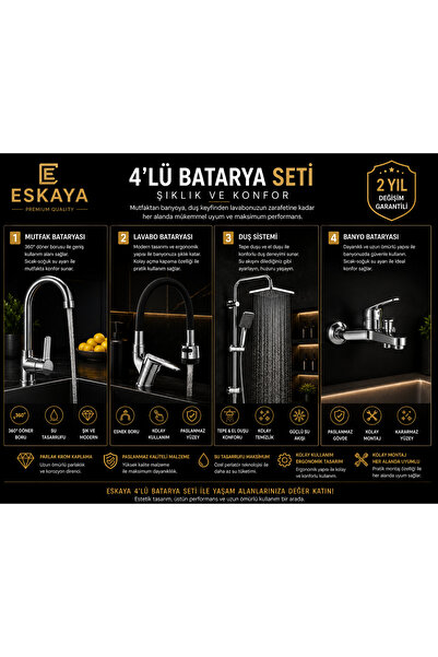 ESHOME Lüx 4'lü Set Robot Yagmurlama Tepe Duş Seti - Banyo - Mutfak - Esnek L...