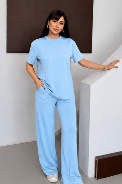 Mogi Butik Women's Modal Fabric Short Sleeve Tracksuit Set 3081 Light Blue