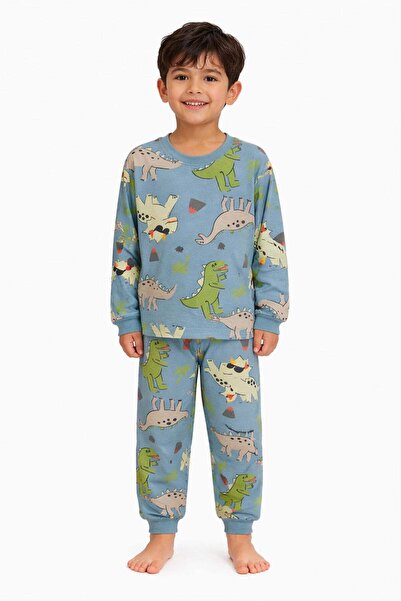 mini stella kids Blue Dinosaur Patterned Boys' Pajama Set