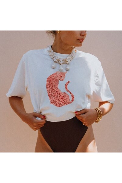 The Champ Clothing Weißes Damen-Oversize-T-Shirt mit Leopardenmuster