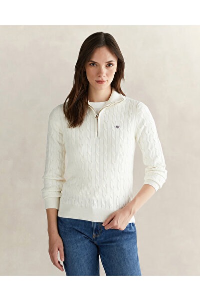 Gant Kadın Beyaz Regular Fit Yarım Fermuarlı Triko