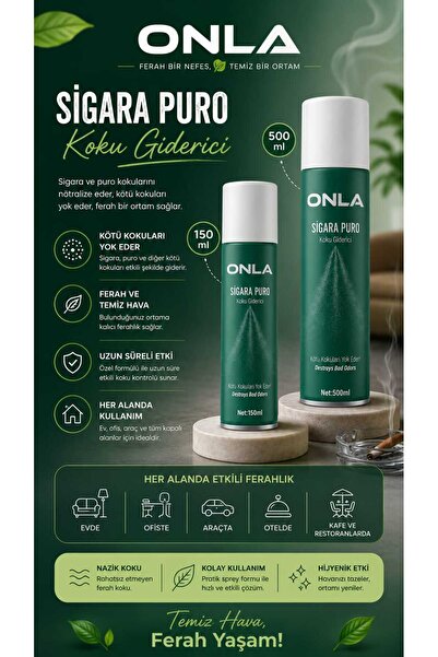 onla Sigara Puro Kötü Koku Giderici Sprey 150 ml - Ev, Araç ve Ofis İçin Etki...