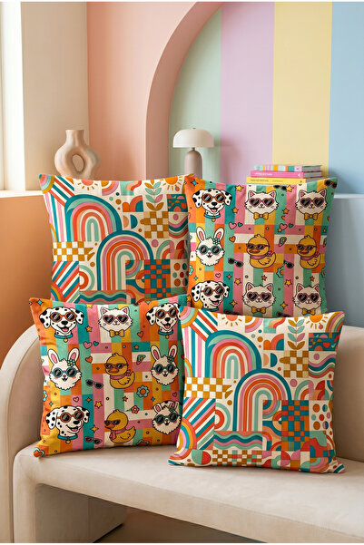 Sakallı Colorful Animal Figured Decorative Pillow Cover Set of 4 Children's R...