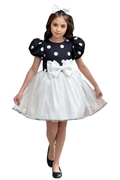 Riccotarz Girl's Balloon Sleeve Polka Dot Skirt Fluffy Tulle Bow Detailed Whi...