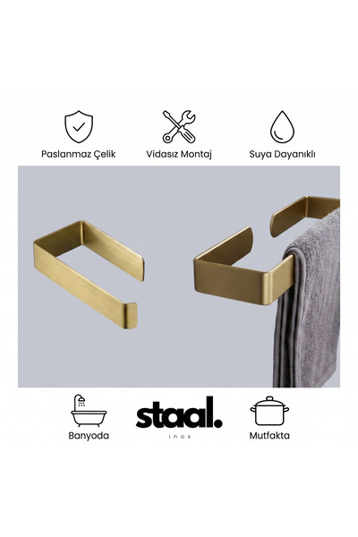 Staal Inox Gold Havlu Askısı | Çift Yüzeyden Tutunan | Delmeden Montaj | Mode...