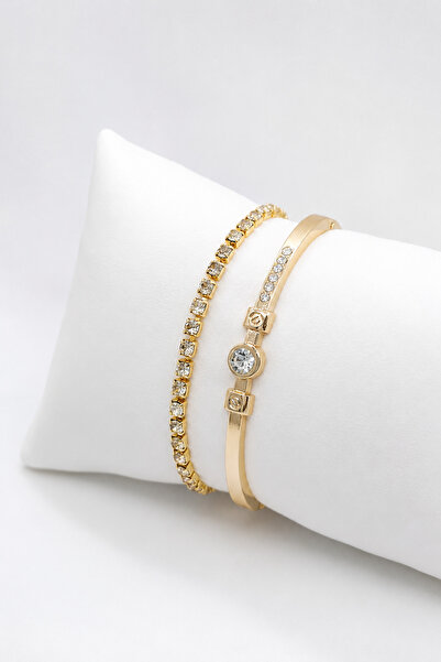 Crc Bijuteri Gold Color Stone Cuff & Waterway Set of 2 Bracelets