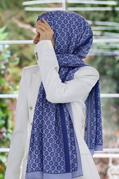 Vissona KREP DEGRADELİ MONOGRAM DESENLİ İNDİGO RENKLİ 75X195 KIRIŞMAZ ŞAL