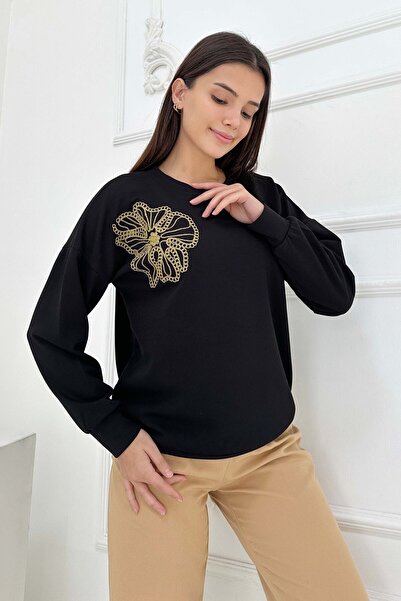 TOFİSA Hanorac modal cu broderie florală pe umăr - 27883-NEGRU