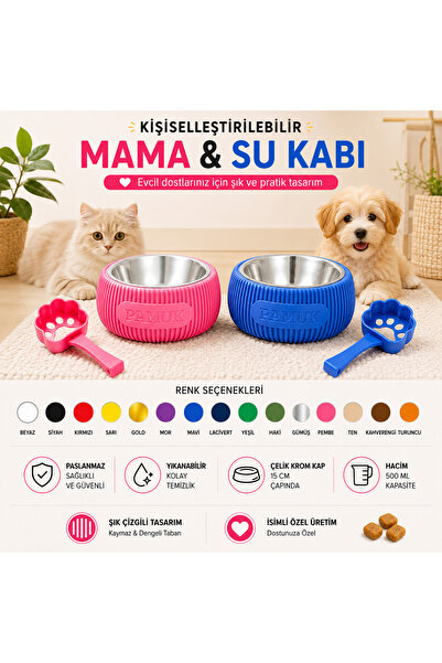 Kişiselleştirilebilir İsimli Mama ve Su Kabı | Paslanmaz Çelik Kaplı 15 cm Evcil Hayvan Mama Kabı