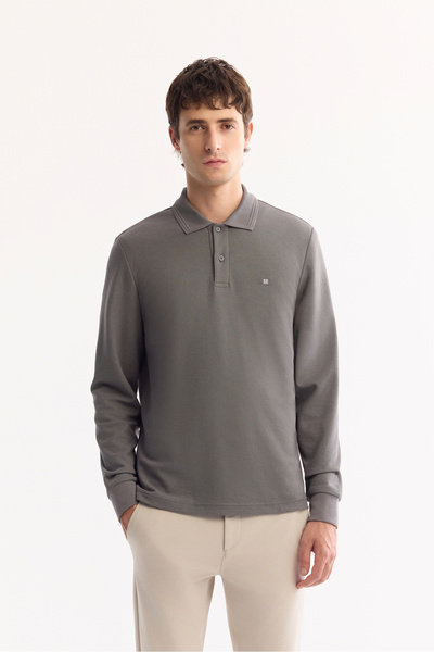 Avva Erkek Koyu Gri Polo Yaka Pamuklu Basic Slim Fit Sweatshirt B001080