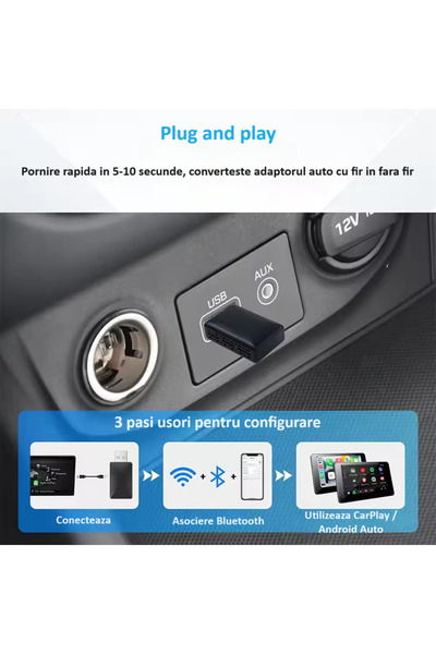 zyteq Adaptor wireless CarPlay și Android Auto 2-în-1 ZYTEQ ®️ Compatibil cu Apple iOS 10+ și Android 11+, conectare automată, WiFi 5GHz, Plug-and-Play, compact și ușor, transmisie stabilă, negru