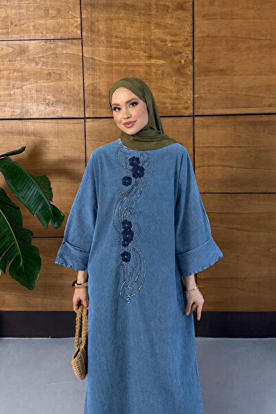 Miss Allos Rochie din denim cu mâneci liliac brodate cu mărgele pentru femei