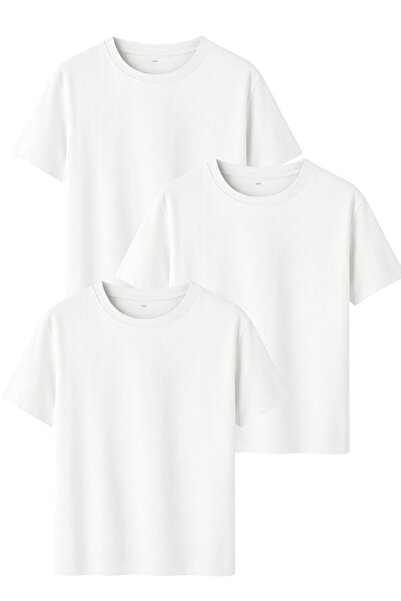 DK DAKSEL Λευκό Χρώμα Relaxed Fit Βαμβακερό Γυναικείο T-Shirt Πακέτο 3 τεμαχίων