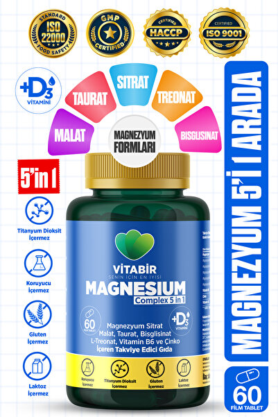 vitabir 5X Çoklu Magnezyum Complex | 5i1 Arada Bisglisinat, Taurat, Malat, Si...