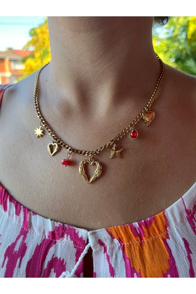BusradanDesign Steel Necklace with Heart Charm Detail 45 cm