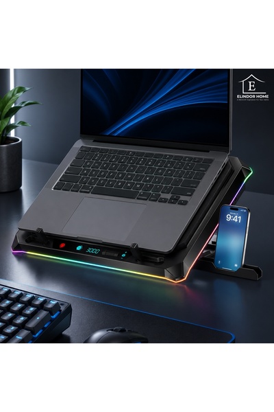 Elindor ® Stand de răcire cu ventilator turbo puternic, 10 efecte RGB, afișaj...
