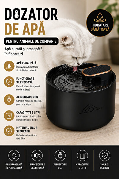 Fish & Paws dozator de apă de fântână, 3L, filtrare pe carbon, USB, silențios...