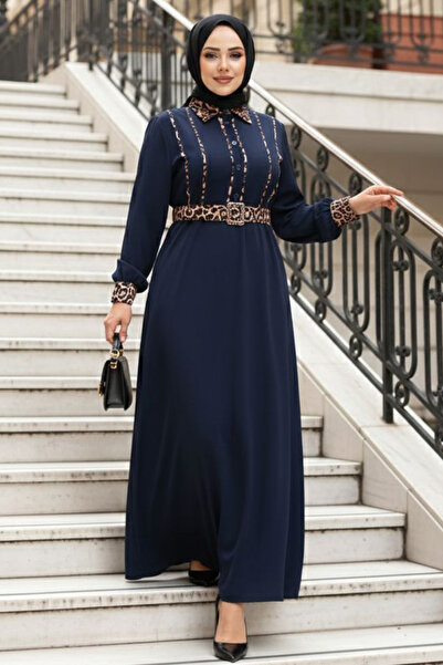 N.S NEVA STYLE Leopar Detaylı Lacivert Tesettür Elbise 10246L