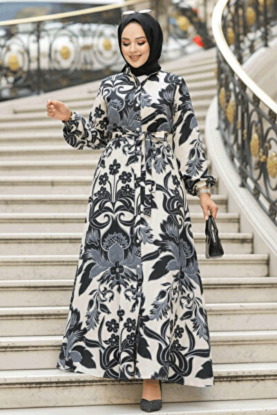 Neva Style Patterned Black Modest Dress 90061S
