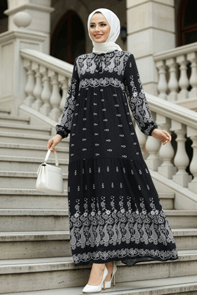 Neva Style Desenli Siyah Tesettür Elbise 50096S