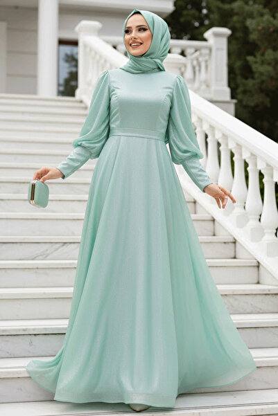 Neva Style Balon Kol Mint Tesettürlü Abiye Elbise 56721MINT