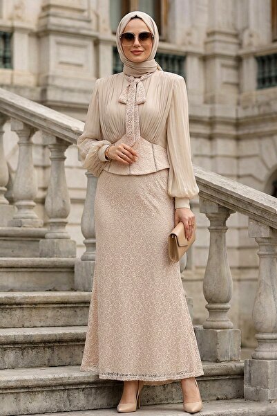 N.S NEVA STYLE Dantelli Krem Tesettür Abiye Elbise 70135KR