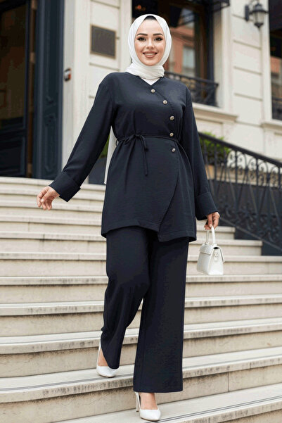 N.S NEVA STYLE Button Detailed Navy Blue Hijab Double Set 19029L