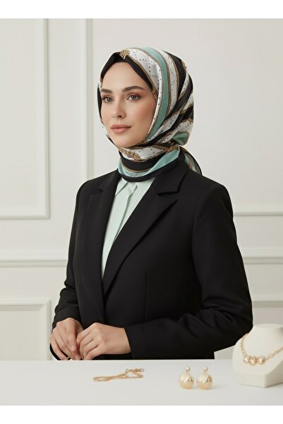 Vissona %100 Saf İpek Şal İnce Saten Vual Dokuma Kemer Desenli Su Yeşili - Si...