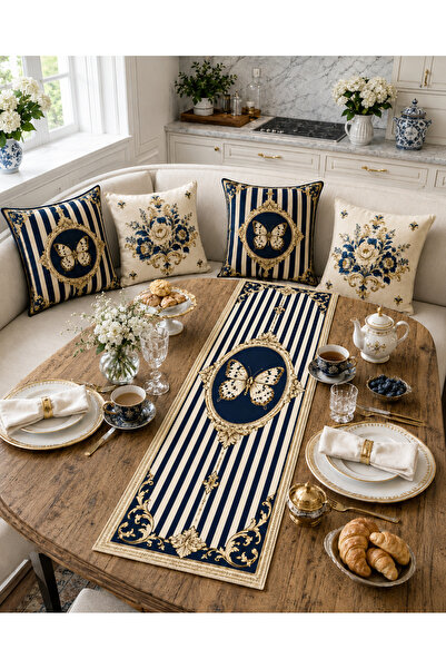 Bebişim Halı Navy Blue Gold Floral Runner and Set of 4 Throw Pillow Covers Lu...