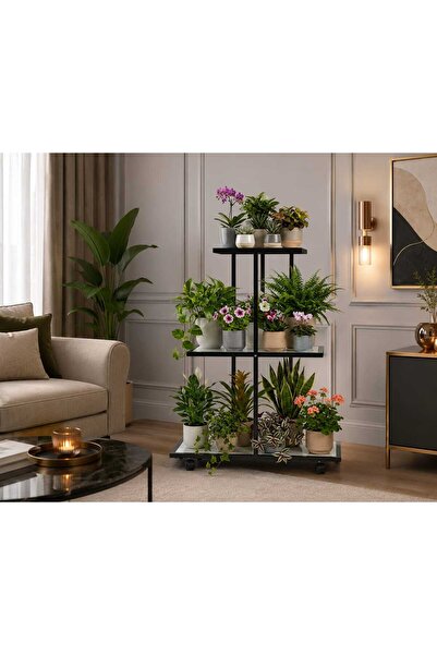 BRTWOODS Metal Ahşap 3 Katlı Tekerlekli Saksılık Çiçeklik Organizer Stand