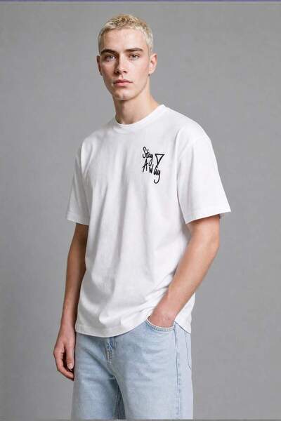 DeFacto Oversize Crew Neck Embroidery Print Short Sleeve Ecru T-Shirt I2788Ax...