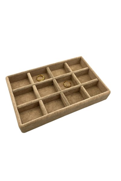 MeGass Dekor Domestic Production Small Size Suede Fabric Milk Coffee Color 12 Compartments Jewelry Display Drawer Stand
