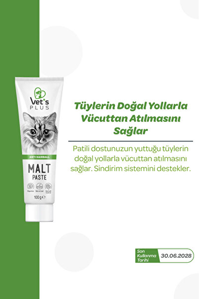 Vet's Plus Anti-Hairball Malt Macun 100gr (Tüy Yumağı Önleyici ve Sindirim Düzenleyici, Kediler için)